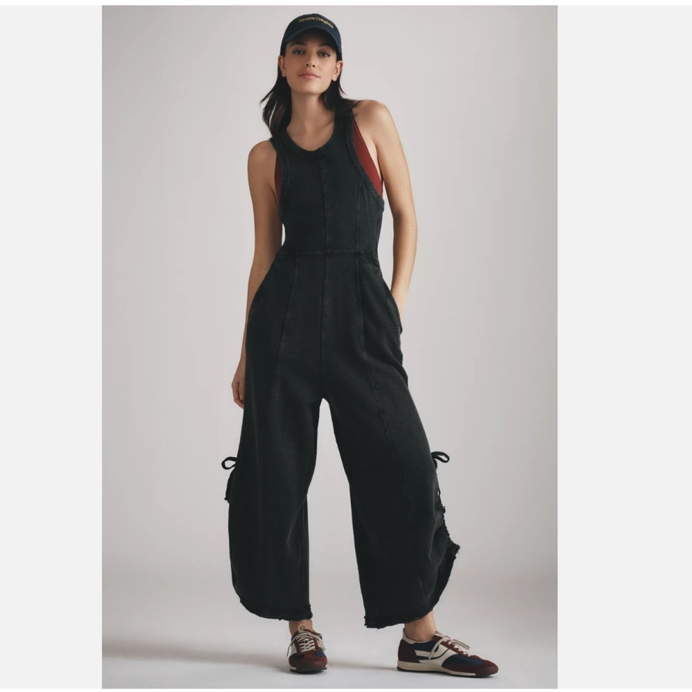 Anthropologie Black Wide-Leg Utility Jumpsuit with Burgundy Tank